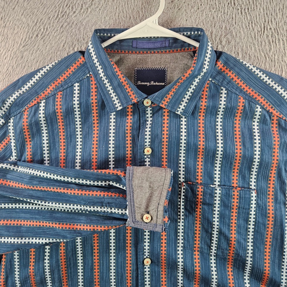 Tommy Bahama Mens Large Blue Orange Striped Long Sleeve Button Down Cotton Shirt
